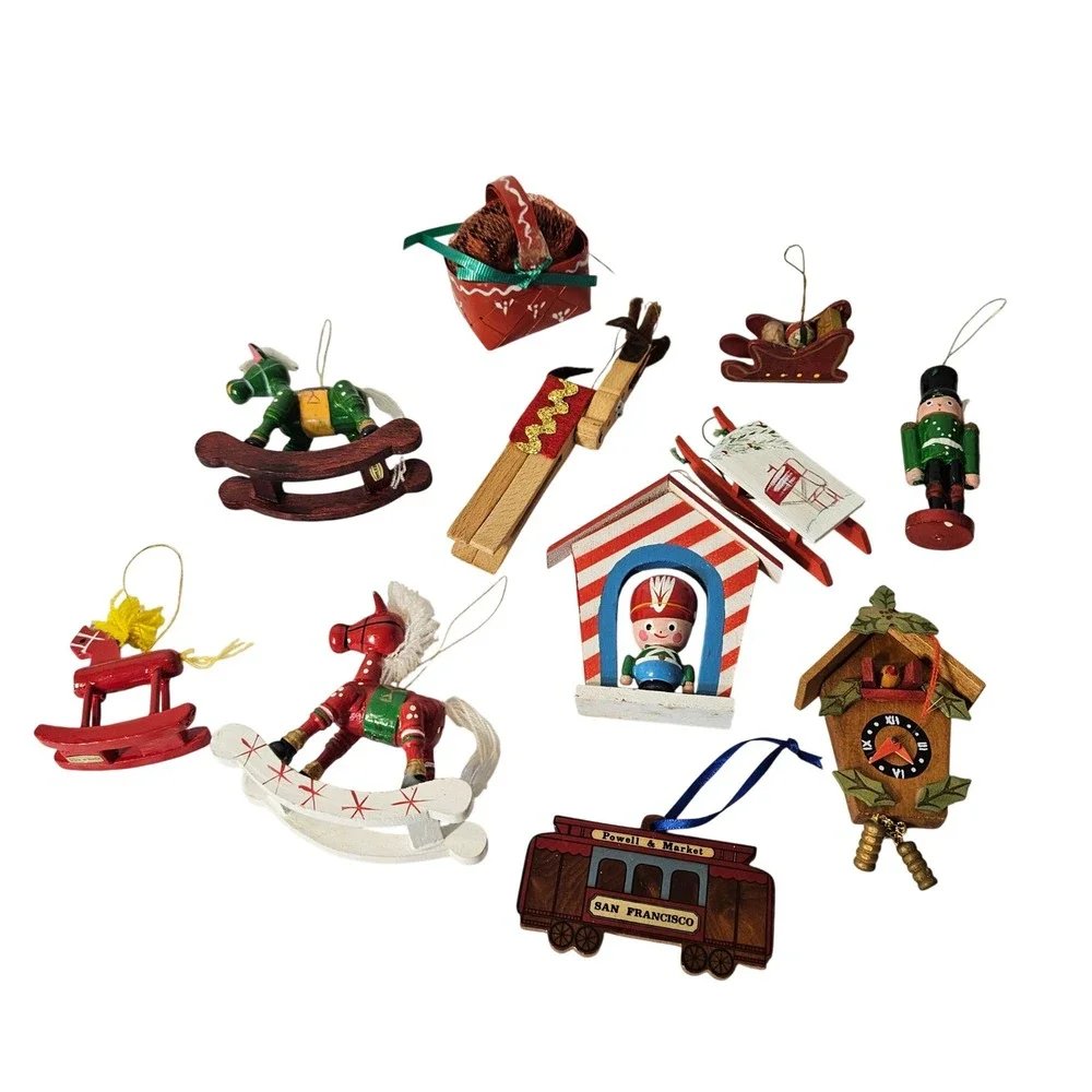 Vintage Wooden Christmas Ornaments Lot 10pc Rocking Horse Nutcracker Sled Taiwan